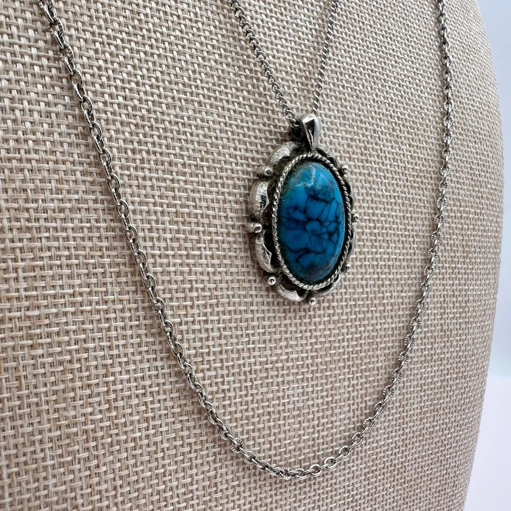 Vintage 90s Silver Tone Turquoise Matrix Filigree Pendant Necklace